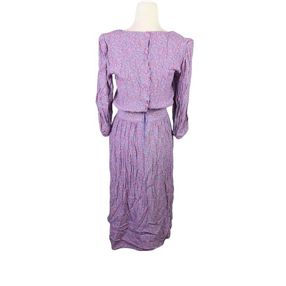 Vintage 80s Karin Stevens Blue and Pink Floral Midi Dress 6 - Picture 4 of 6